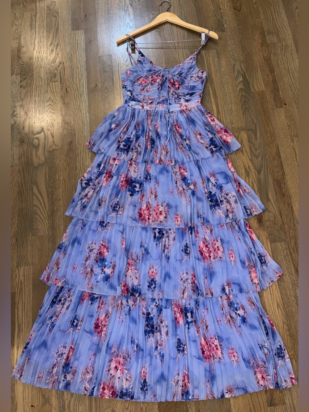 NWOT Pleated Floral Tiered Maxi Dress with Cutouts & 3D Flower Straps